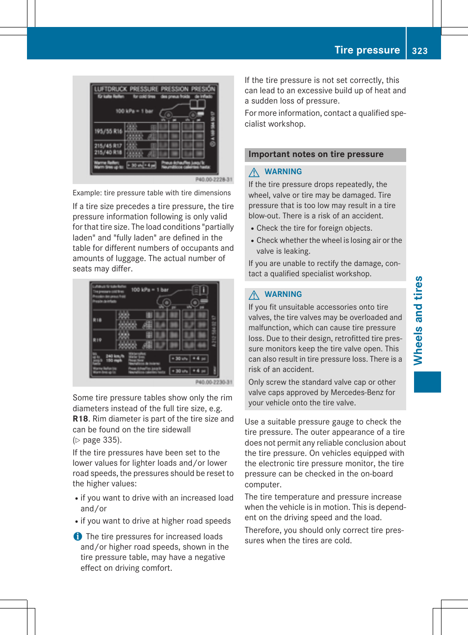 Whe el s and tire s, Tire pressure | Mercedes-Benz CLA-Class 2015 User Manual | Page 325 / 362