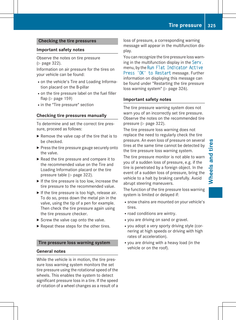 Wh eels and tir es, Tire pressure | Mercedes-Benz CLA-Class 2015 User Manual | Page 327 / 362