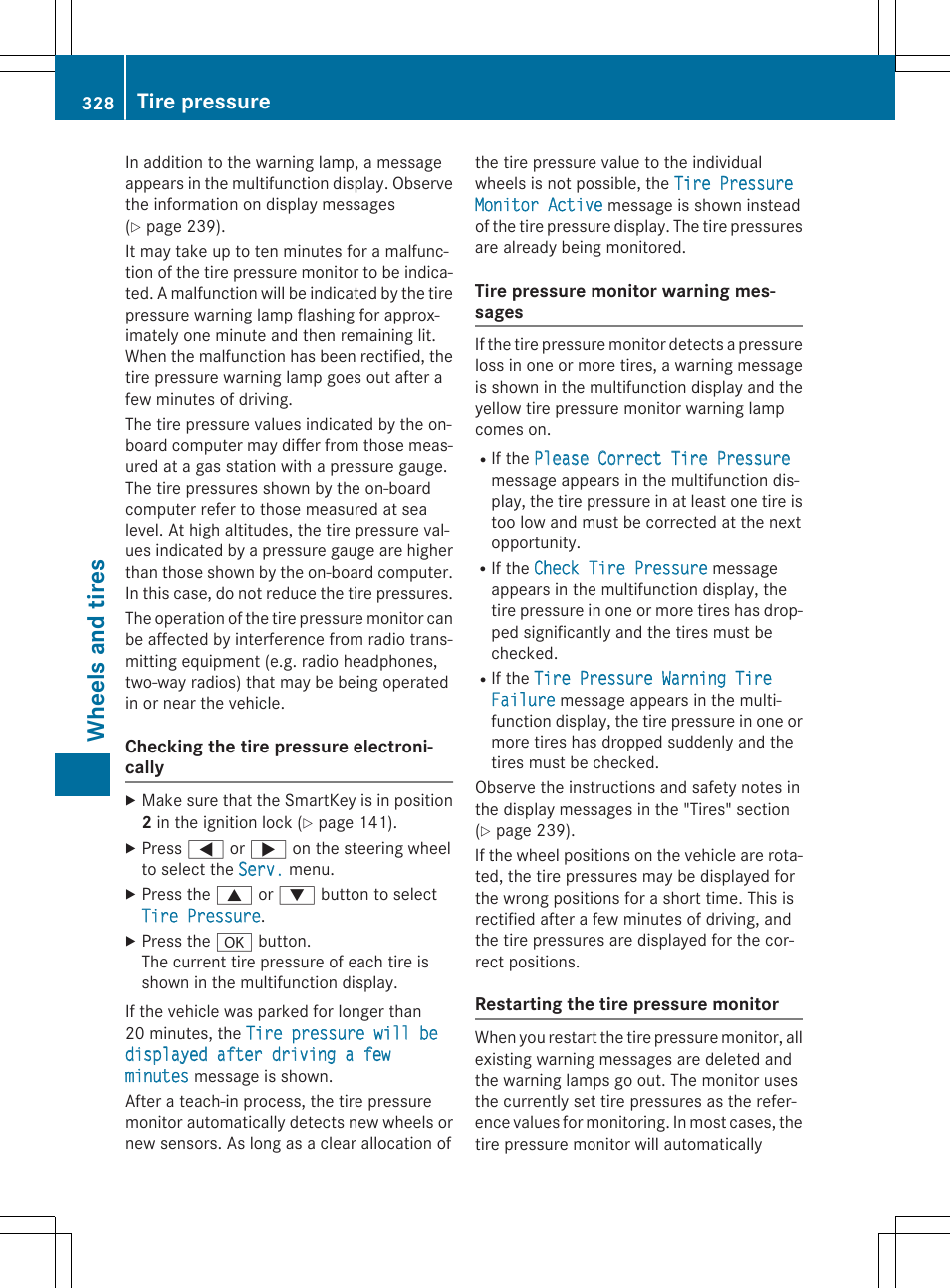 Wheels and tires, Tire pressure | Mercedes-Benz CLA-Class 2015 User Manual | Page 330 / 362