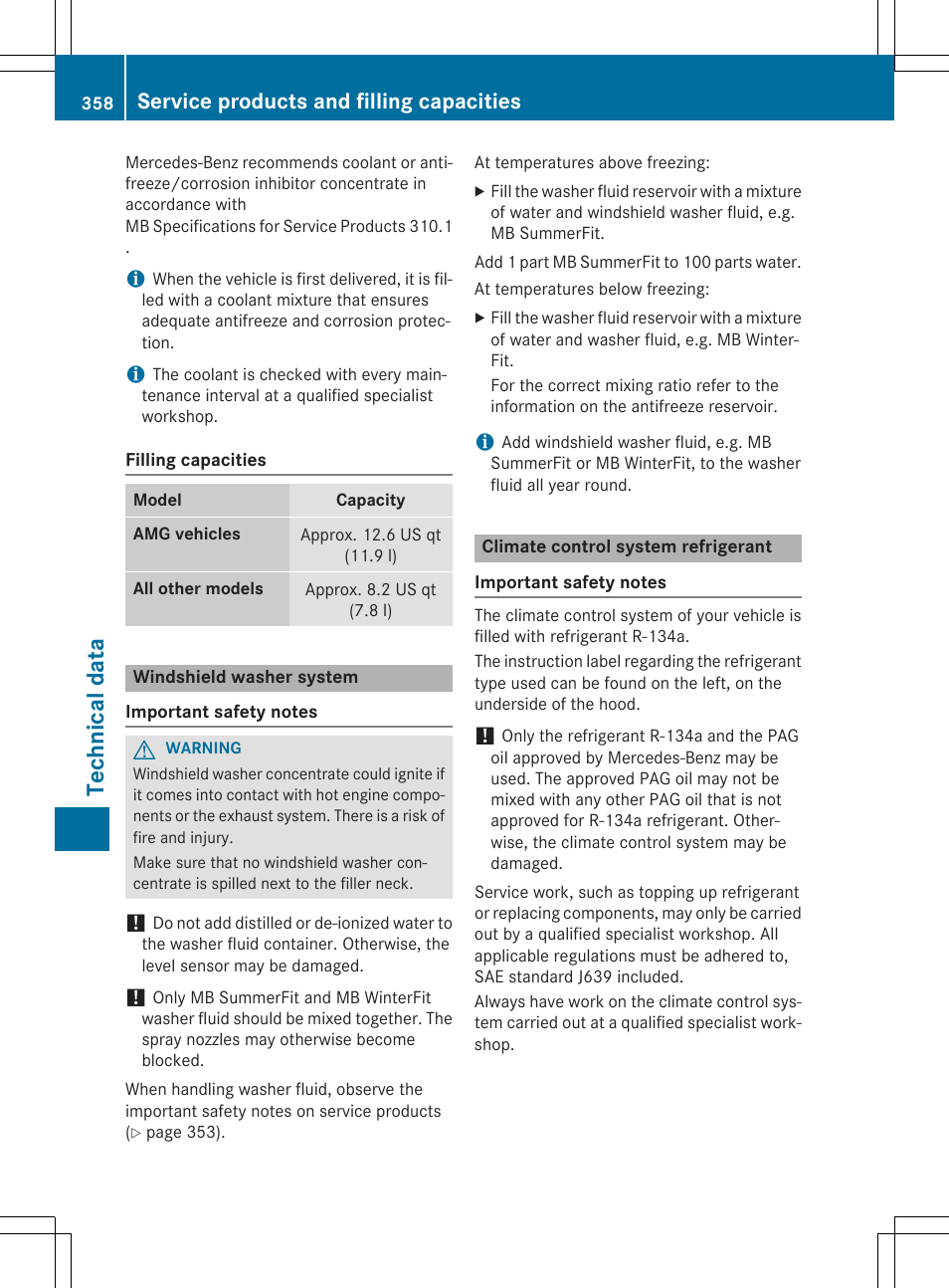 Techn ical data, Service products and filling capacities | Mercedes-Benz CLA-Class 2015 User Manual | Page 360 / 362