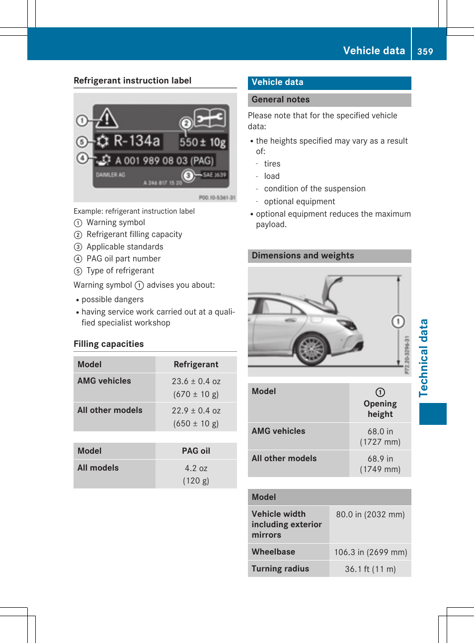 Tec hni ca ldata, Vehicle data | Mercedes-Benz CLA-Class 2015 User Manual | Page 361 / 362