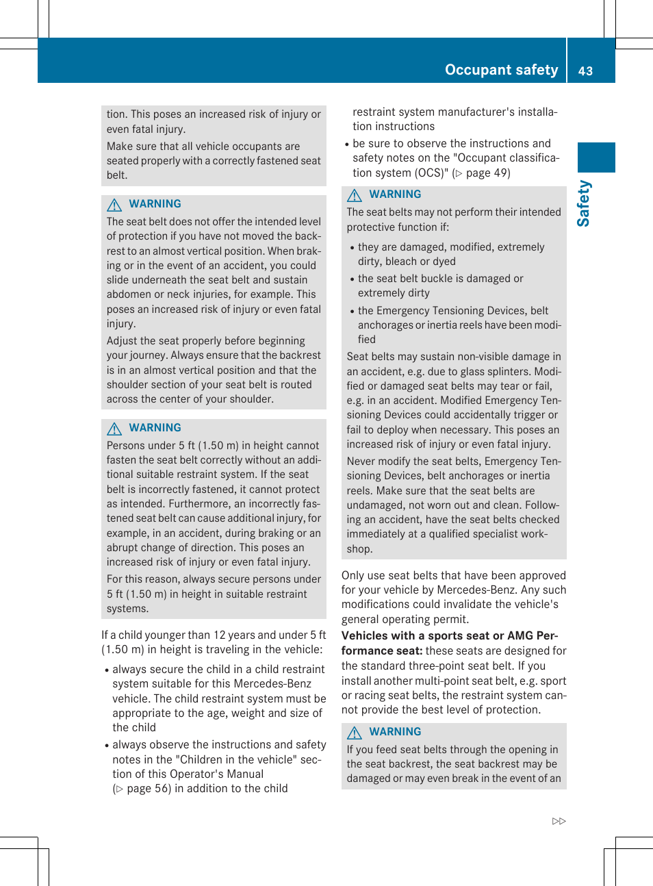 Saf ety, Occupant safety | Mercedes-Benz CLA-Class 2015 User Manual | Page 45 / 362