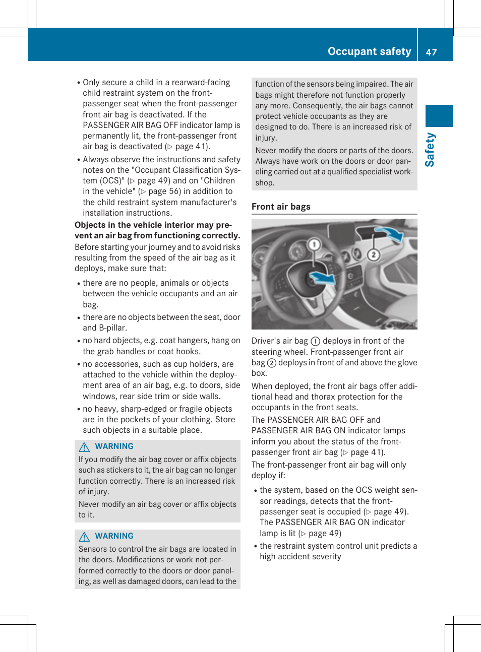 Safety, Occupant safety | Mercedes-Benz CLA-Class 2015 User Manual | Page 49 / 362