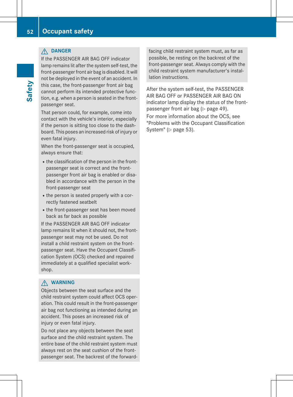 Sa fet y, Occupant safety | Mercedes-Benz CLA-Class 2015 User Manual | Page 54 / 362