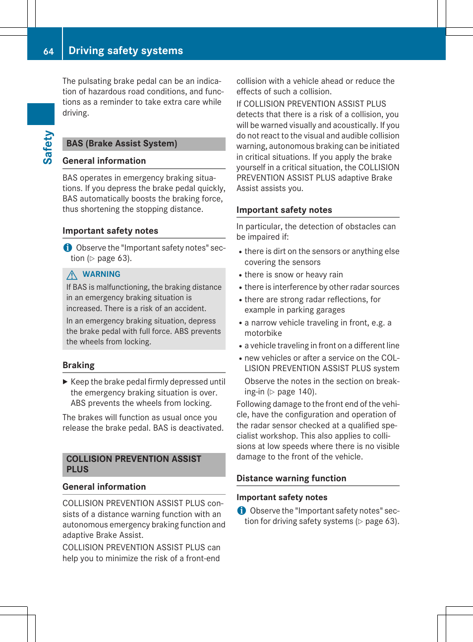 Safety, Driving safety systems | Mercedes-Benz CLA-Class 2015 User Manual | Page 66 / 362