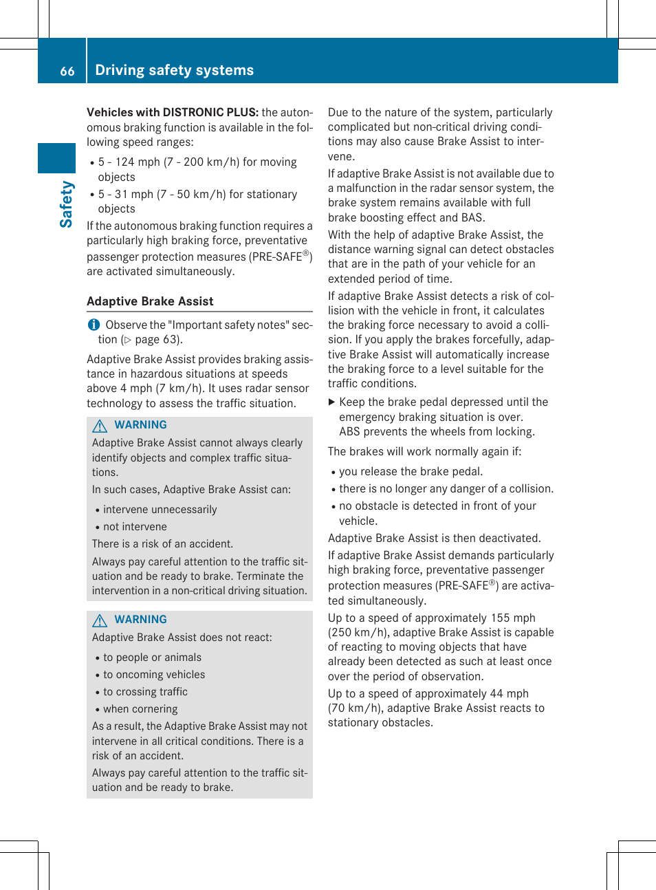 Safe ty, Driving safety systems | Mercedes-Benz CLA-Class 2015 User Manual | Page 68 / 362