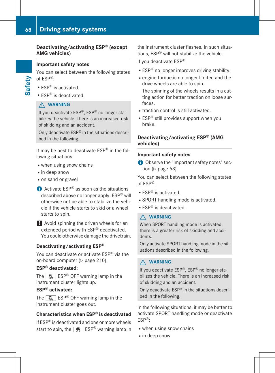 Saf et y, Driving safety systems | Mercedes-Benz CLA-Class 2015 User Manual | Page 70 / 362
