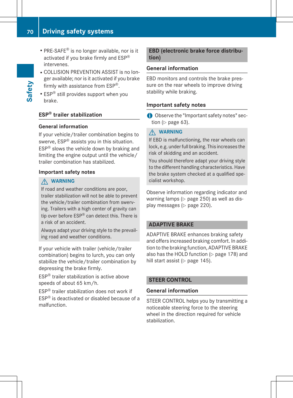 Safe ty, Driving safety systems | Mercedes-Benz CLA-Class 2015 User Manual | Page 72 / 362