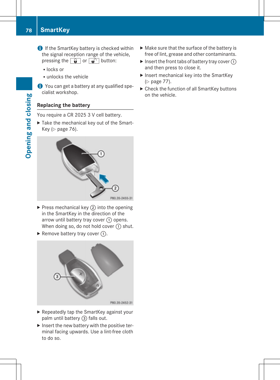 Opening and closing, Smartkey | Mercedes-Benz CLA-Class 2015 User Manual | Page 80 / 362