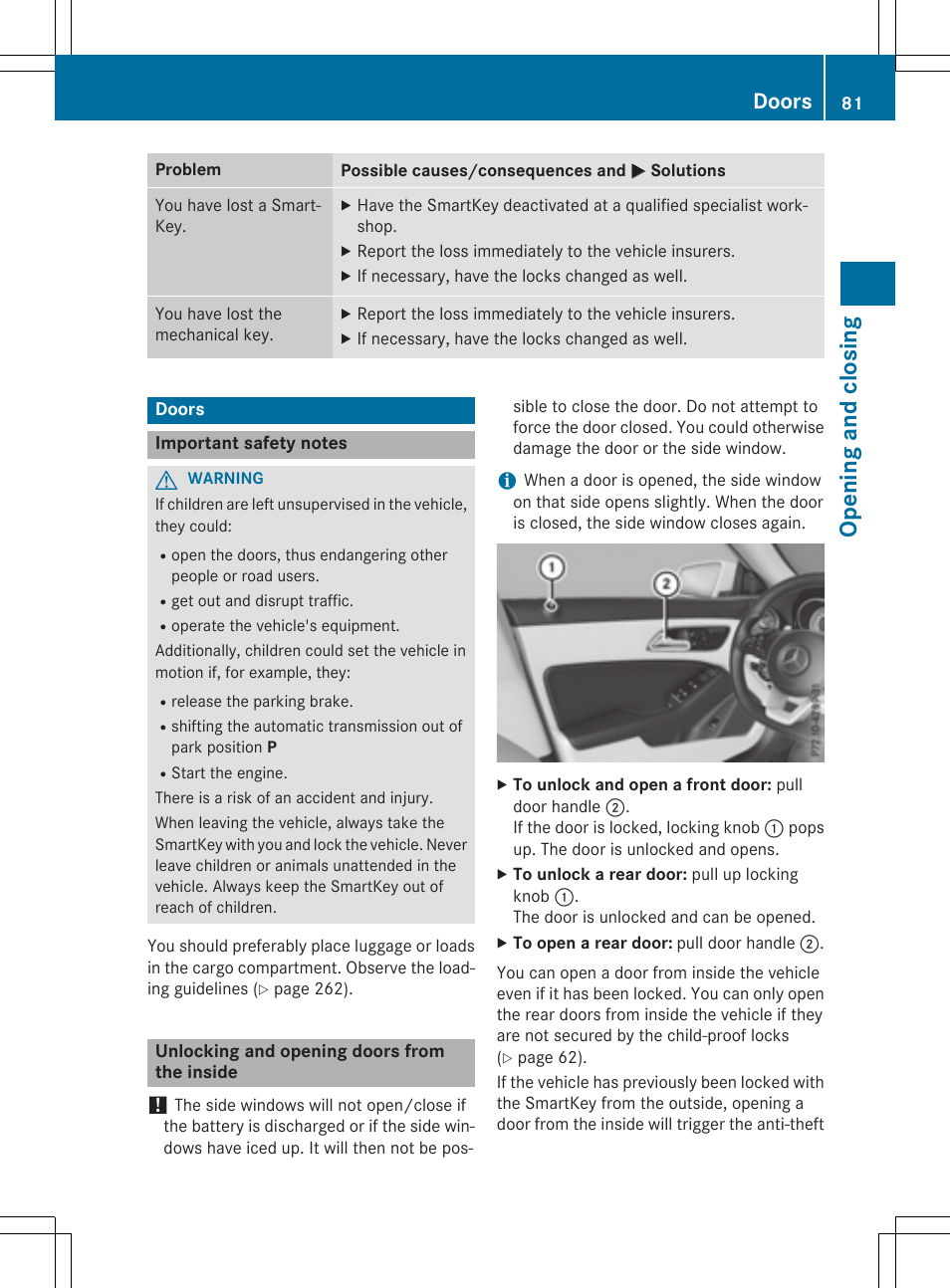 Opening and closing, Doors | Mercedes-Benz CLA-Class 2015 User Manual | Page 83 / 362