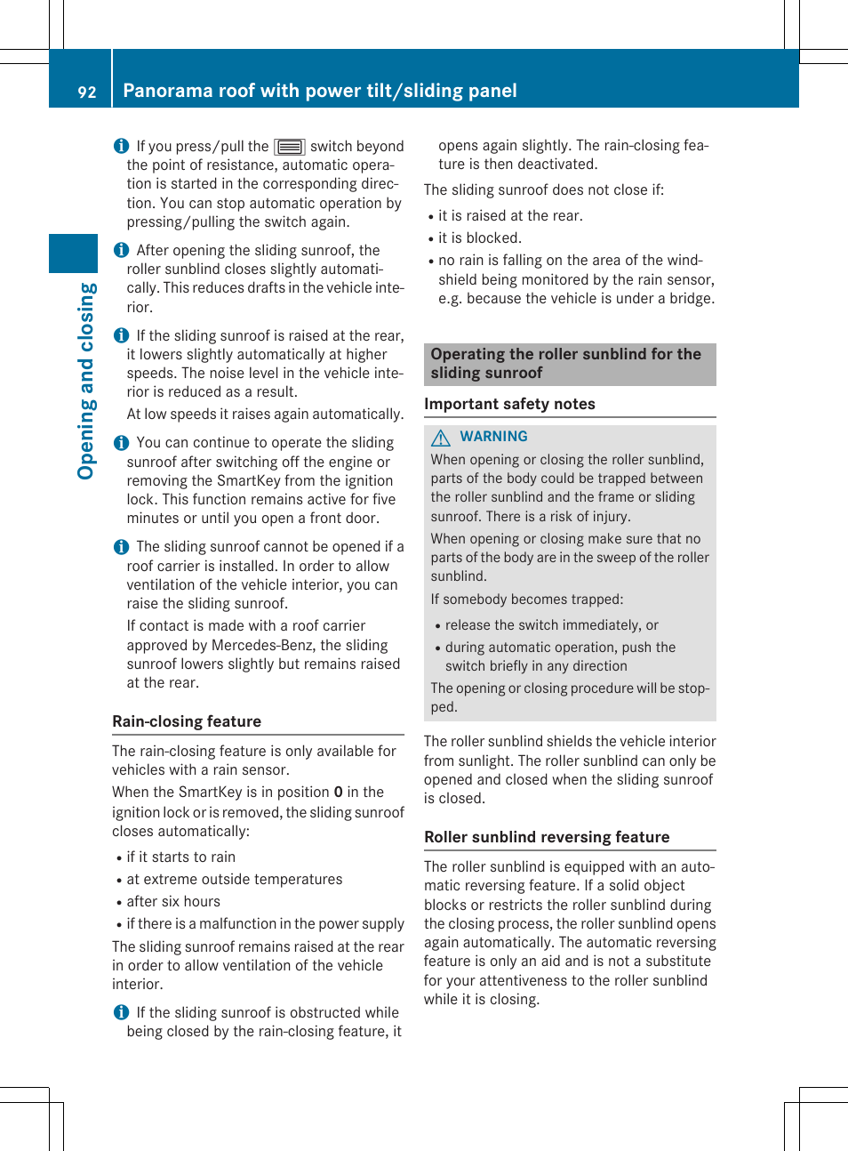 Opening and closing, Panorama roof with power tilt/sliding panel | Mercedes-Benz CLA-Class 2015 User Manual | Page 94 / 362