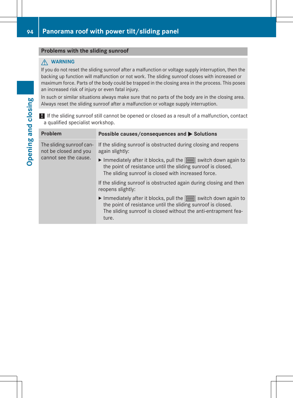 Opening and closing, Panorama roof with power tilt/sliding panel | Mercedes-Benz CLA-Class 2015 User Manual | Page 96 / 362