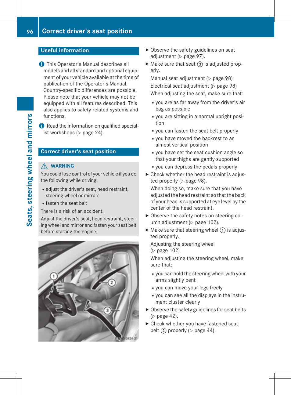 Seat s, steer ing wheel and mirrors, Correct driver's seat position | Mercedes-Benz CLA-Class 2015 User Manual | Page 98 / 362