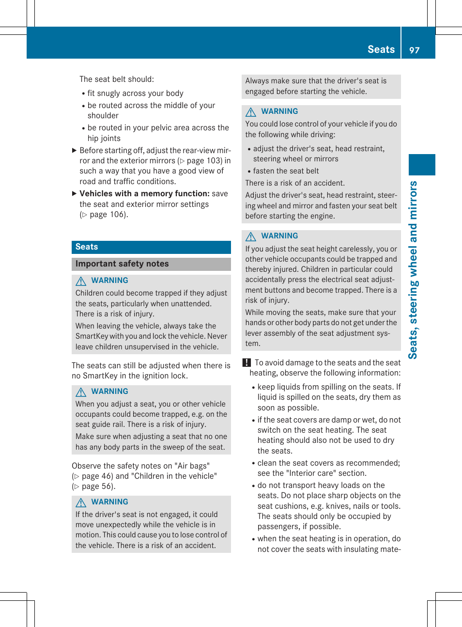Seats, steering wheel and mirrors, Seats | Mercedes-Benz CLA-Class 2015 User Manual | Page 99 / 362