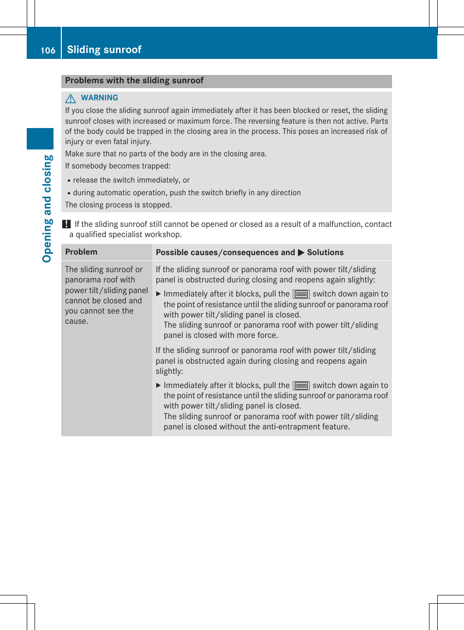 Opening and closing, Sliding sunroof | Mercedes-Benz C-Sedan 2015 Owners Manual User Manual | Page 108 / 406