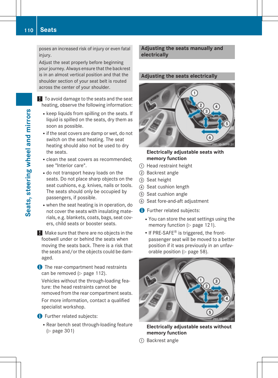 Seats, steering wheel and mirrors, Seats | Mercedes-Benz C-Sedan 2015 Owners Manual User Manual | Page 112 / 406