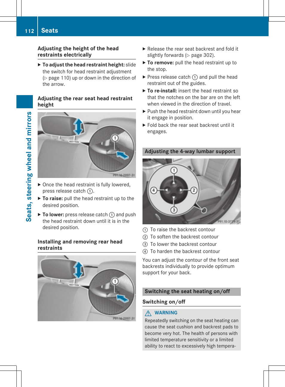 Sea ts ,ste er ing wheel and mirro rs, Seats | Mercedes-Benz C-Sedan 2015 Owners Manual User Manual | Page 114 / 406