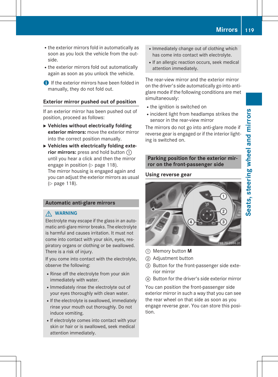 Se ats, ste eri ng whe el an d mirro rs, Mirrors | Mercedes-Benz C-Sedan 2015 Owners Manual User Manual | Page 121 / 406