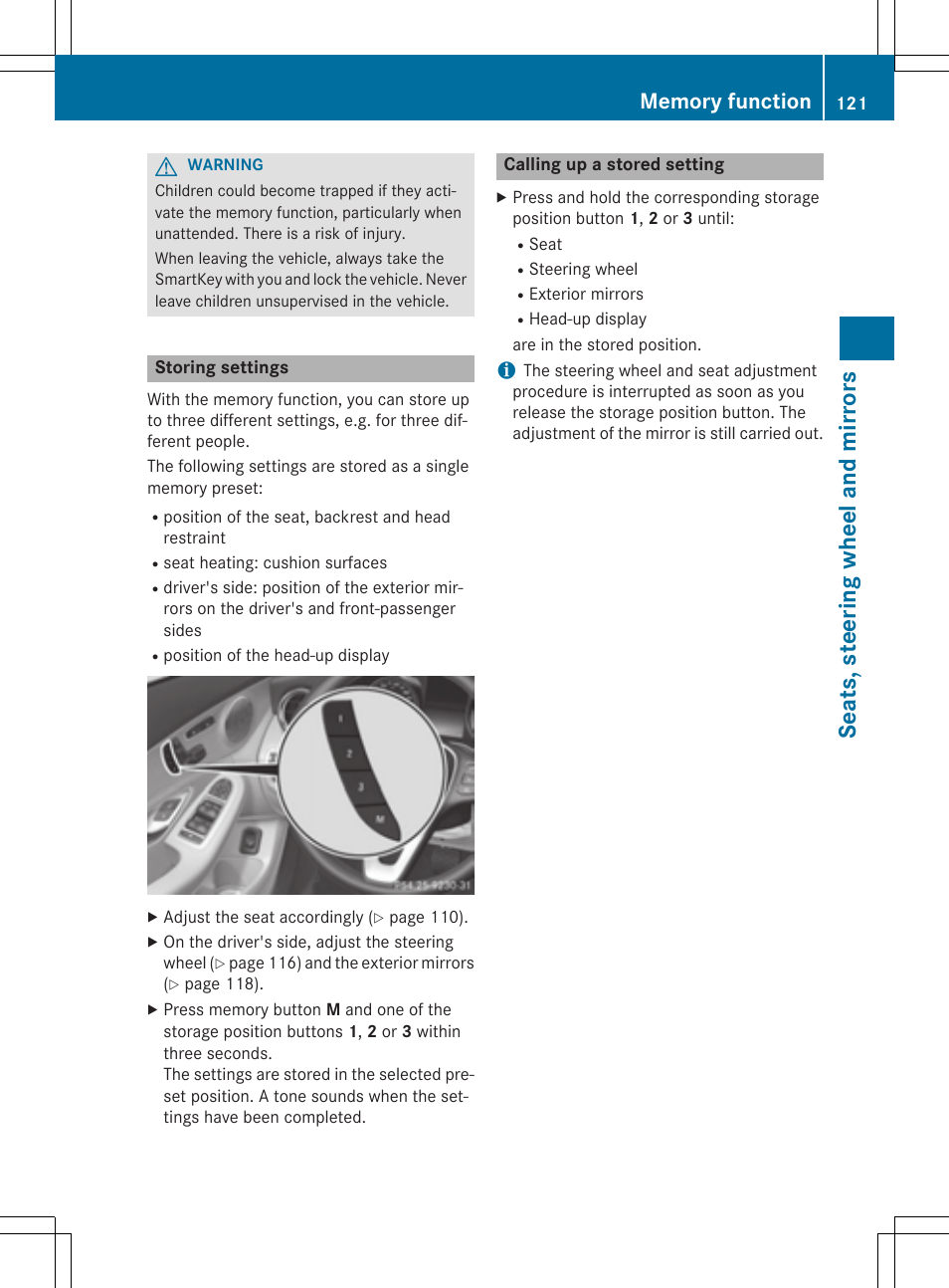 Seats, steering wheel and mirrors | Mercedes-Benz C-Sedan 2015 Owners Manual User Manual | Page 123 / 406