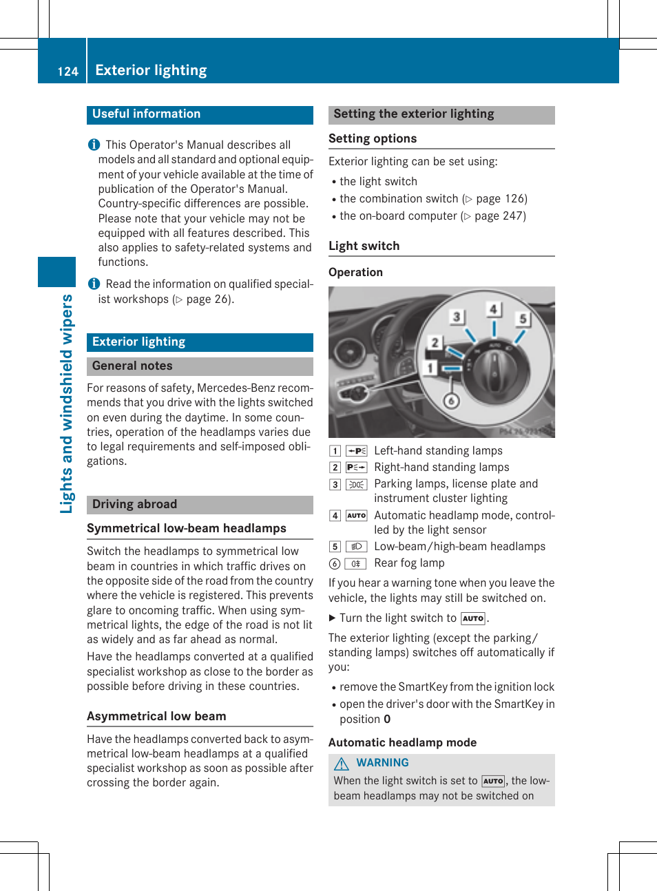 Lights and windshield wipers, Exterior lighting | Mercedes-Benz C-Sedan 2015 Owners Manual User Manual | Page 126 / 406