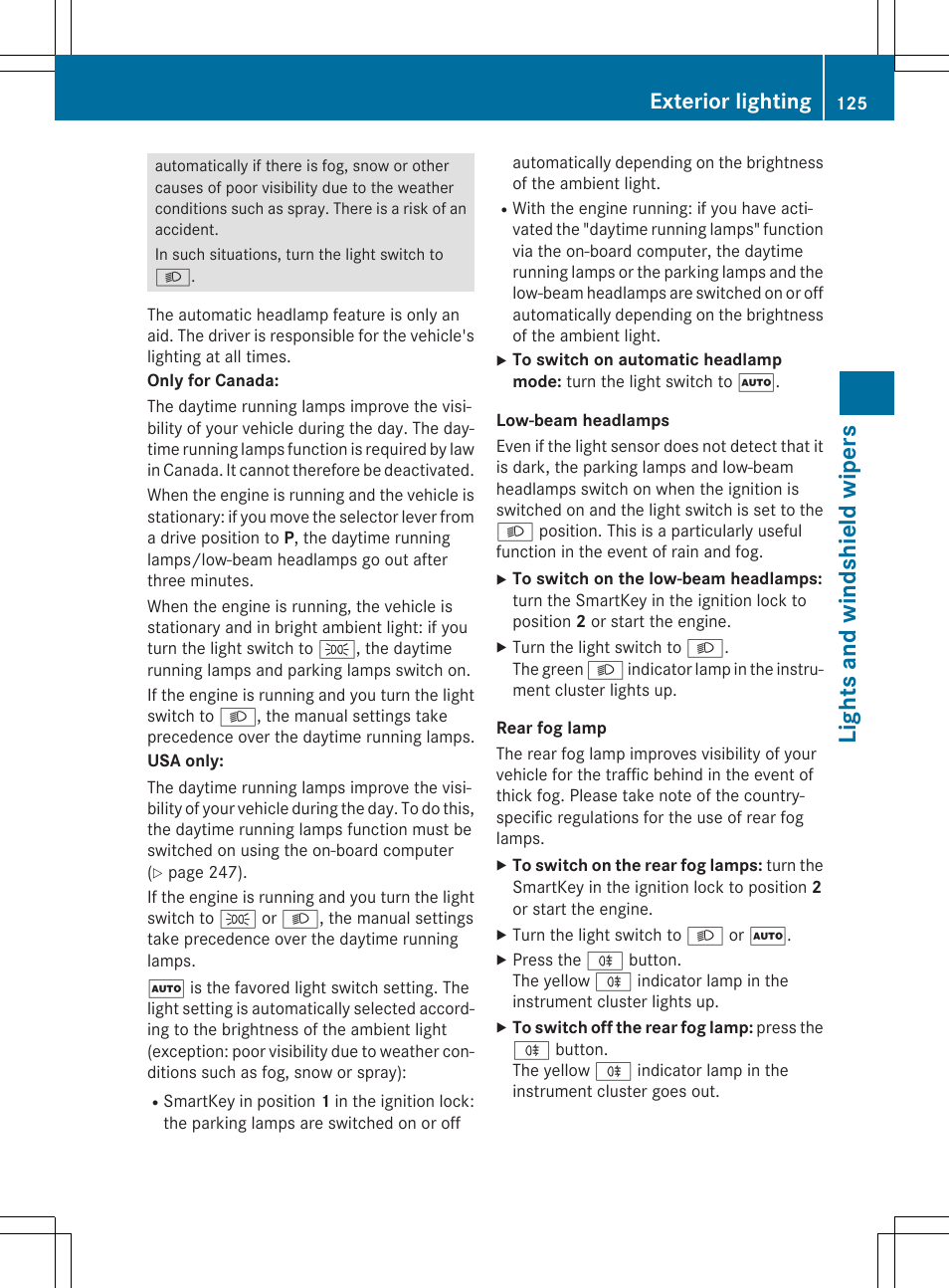 Light s and windsh ield wiper s, Exterior lighting | Mercedes-Benz C-Sedan 2015 Owners Manual User Manual | Page 127 / 406