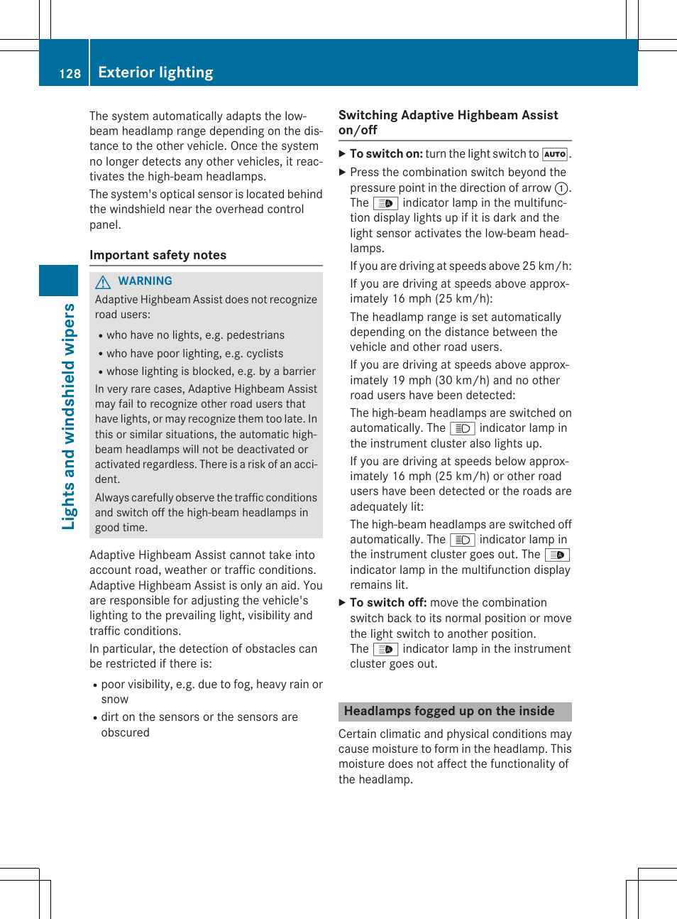 Lights and windshield wipers, Exterior lighting | Mercedes-Benz C-Sedan 2015 Owners Manual User Manual | Page 130 / 406