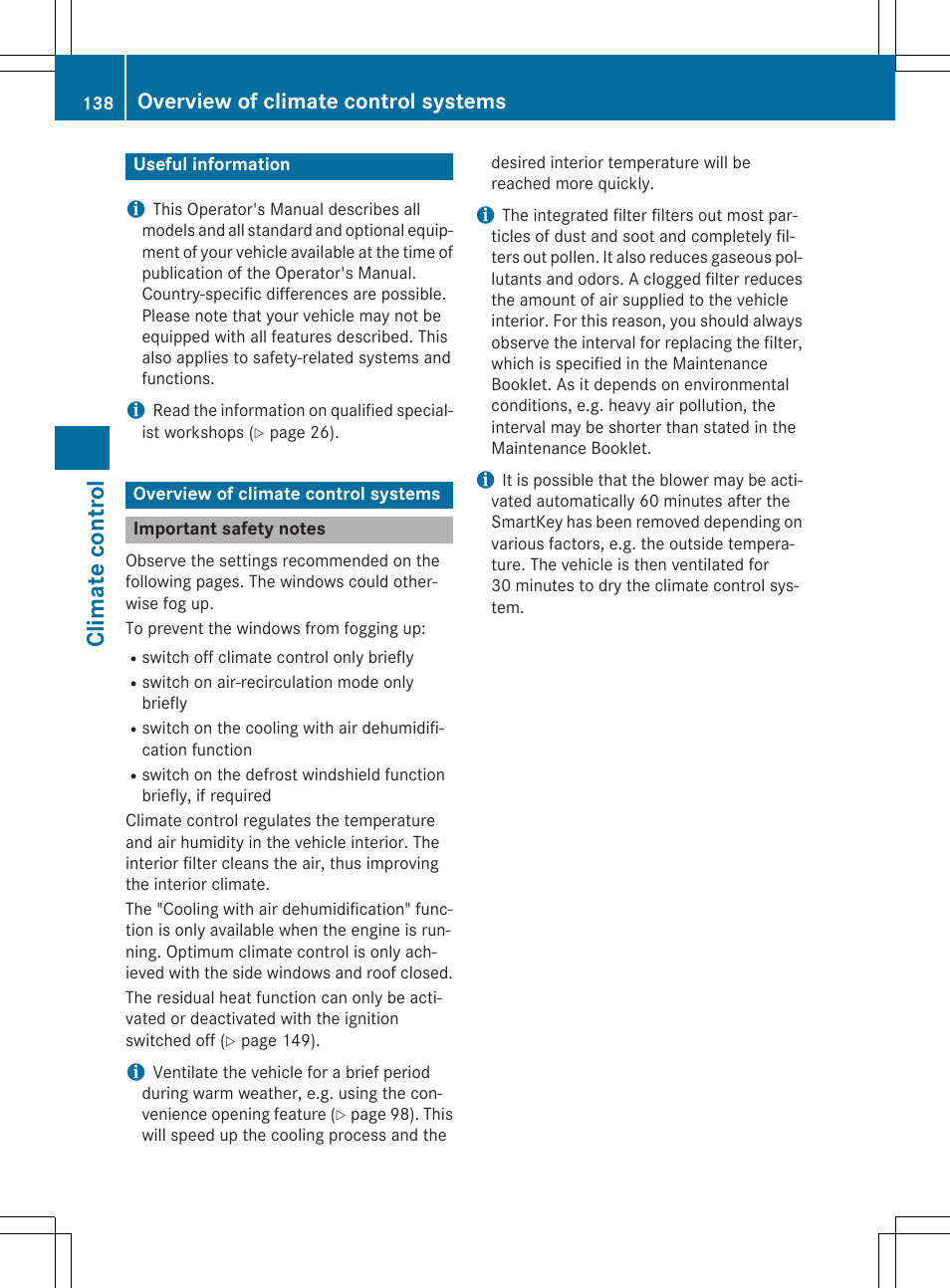 Climat e control, Overview of climate control systems | Mercedes-Benz C-Sedan 2015 Owners Manual User Manual | Page 140 / 406