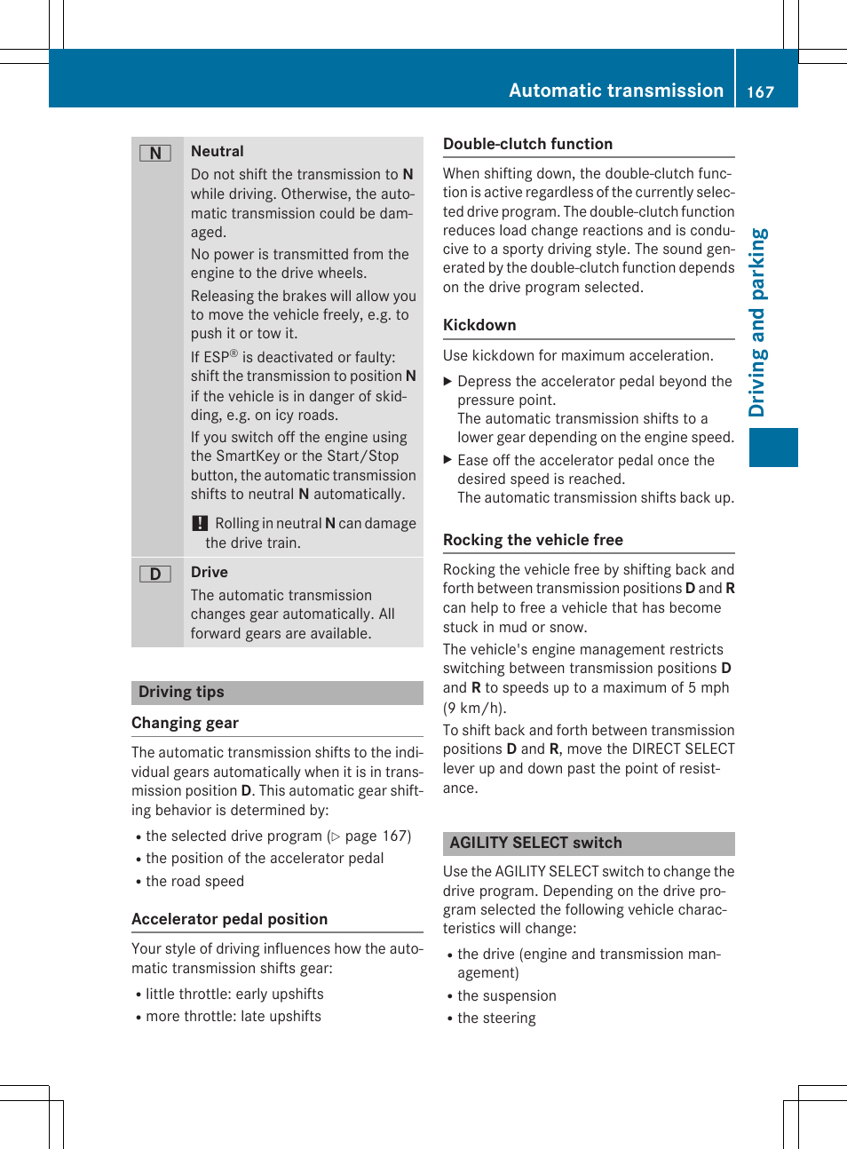 Dr ivi ng an d parki ng, Automatic transmission | Mercedes-Benz C-Sedan 2015 Owners Manual User Manual | Page 169 / 406