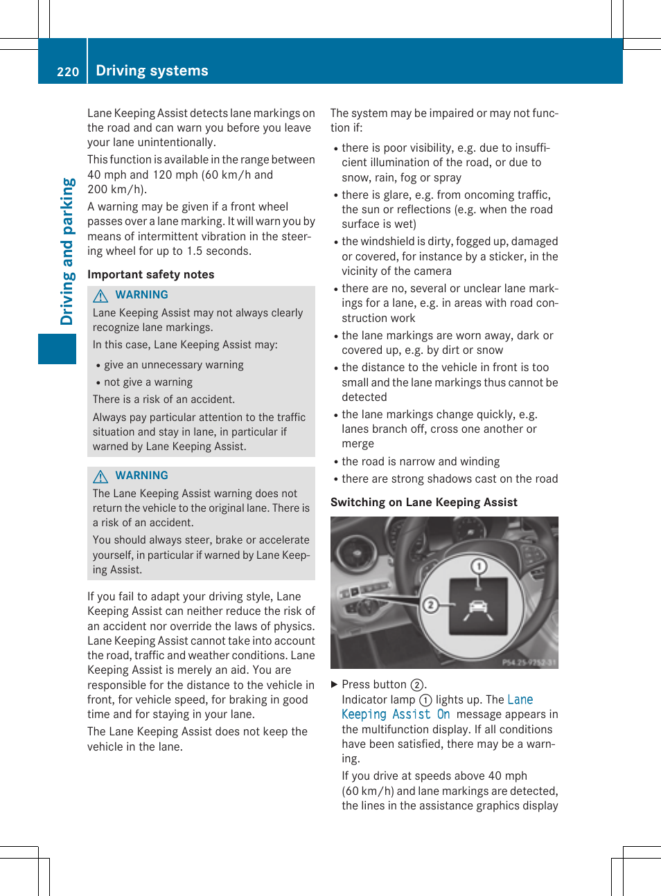 Driving and parking, Driving systems | Mercedes-Benz C-Sedan 2015 Owners Manual User Manual | Page 222 / 406