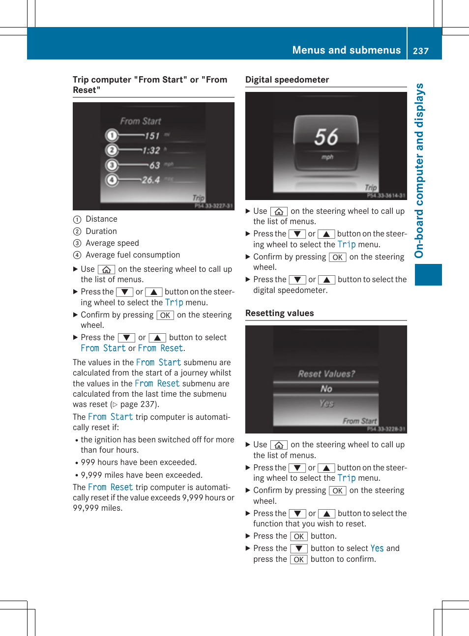 On -bo ard co mputer and dis play s, Menus and submenus | Mercedes-Benz C-Sedan 2015 Owners Manual User Manual | Page 239 / 406