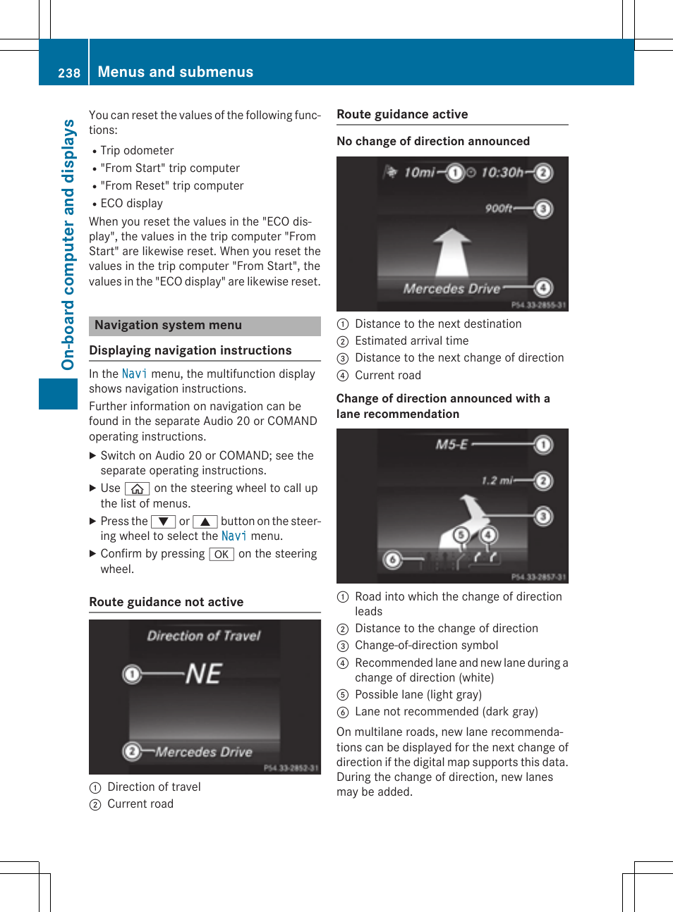 On-boa rd comp uter and disp lays, Menus and submenus | Mercedes-Benz C-Sedan 2015 Owners Manual User Manual | Page 240 / 406