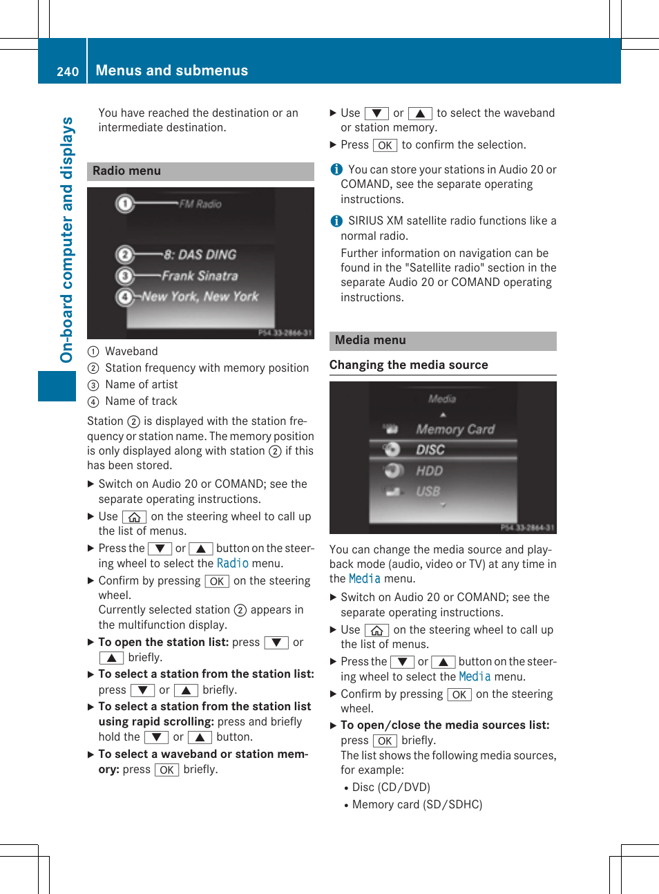 On-boa rd comp uter and disp lays, Menus and submenus | Mercedes-Benz C-Sedan 2015 Owners Manual User Manual | Page 242 / 406