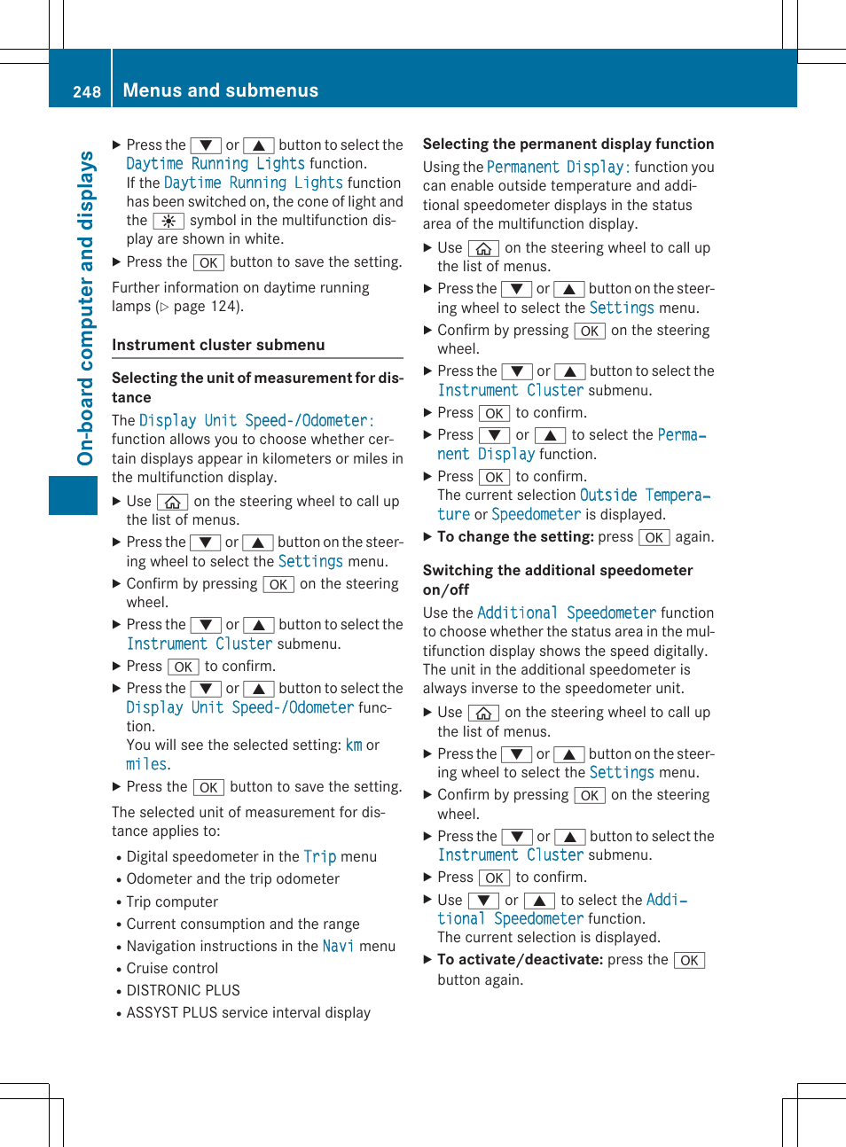On-board comput er and display s, Menus and submenus | Mercedes-Benz C-Sedan 2015 Owners Manual User Manual | Page 250 / 406