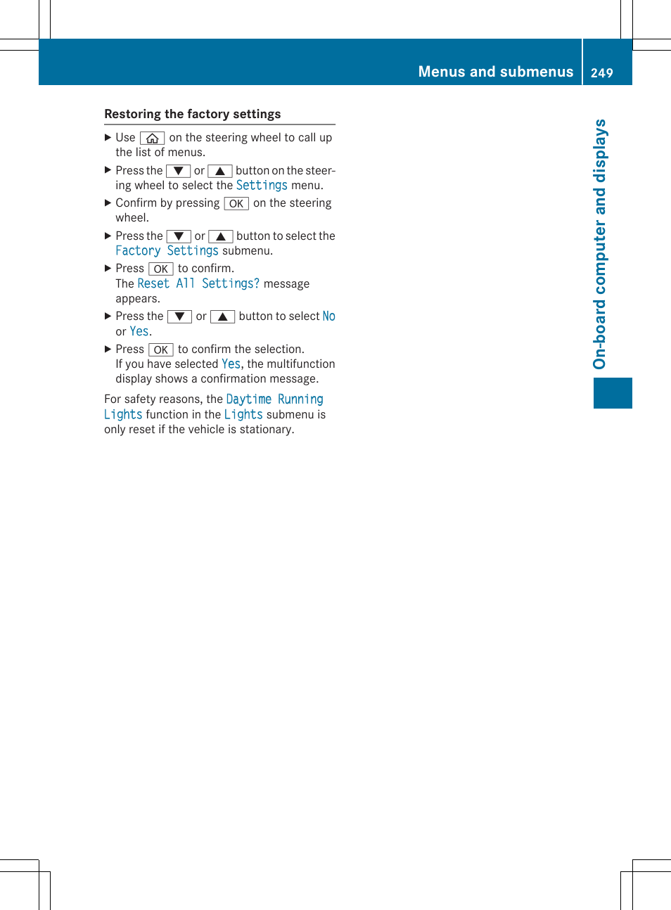 On -bo ard co mputer and dis plays, Menus and submenus | Mercedes-Benz C-Sedan 2015 Owners Manual User Manual | Page 251 / 406