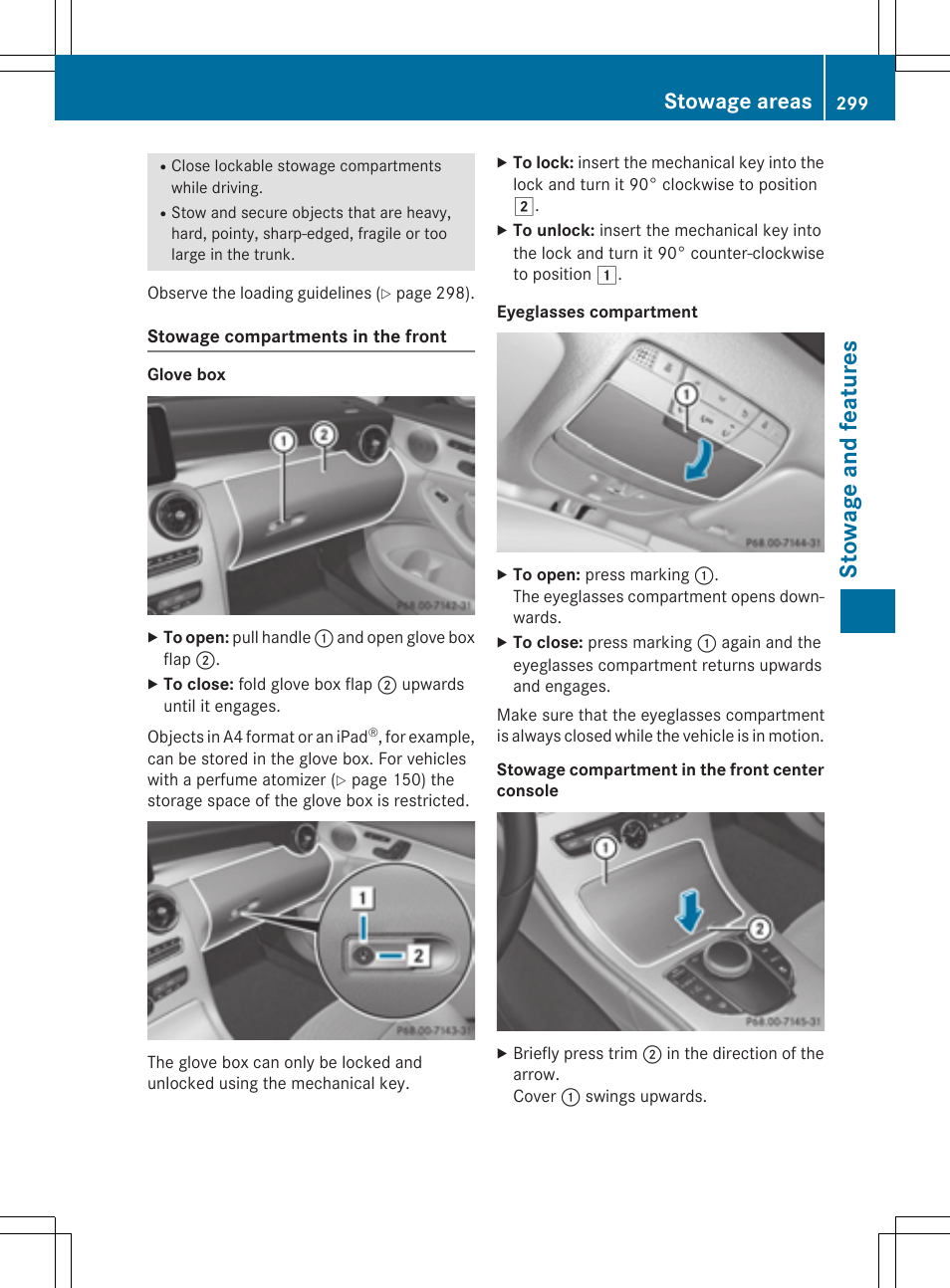 St owage and fea tu res, Stowage areas | Mercedes-Benz C-Sedan 2015 Owners Manual User Manual | Page 301 / 406