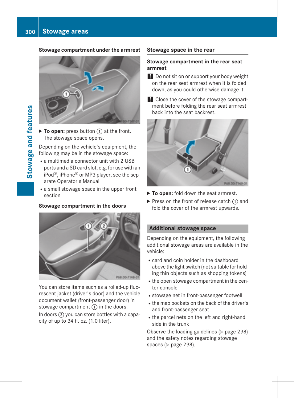 Stowage and features, Stowage areas | Mercedes-Benz C-Sedan 2015 Owners Manual User Manual | Page 302 / 406