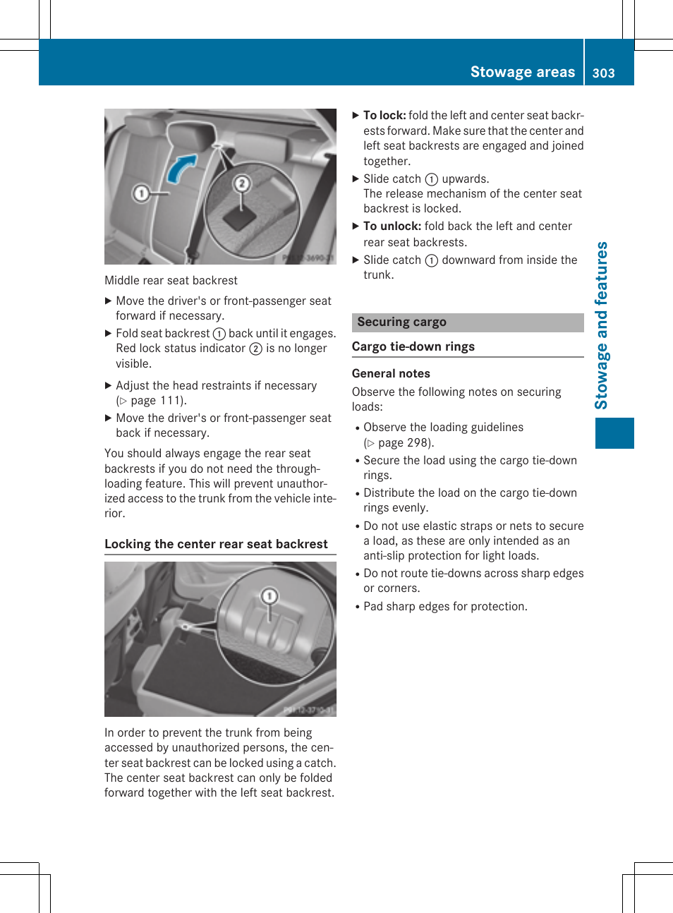 Stowage and features, Stowage areas | Mercedes-Benz C-Sedan 2015 Owners Manual User Manual | Page 305 / 406