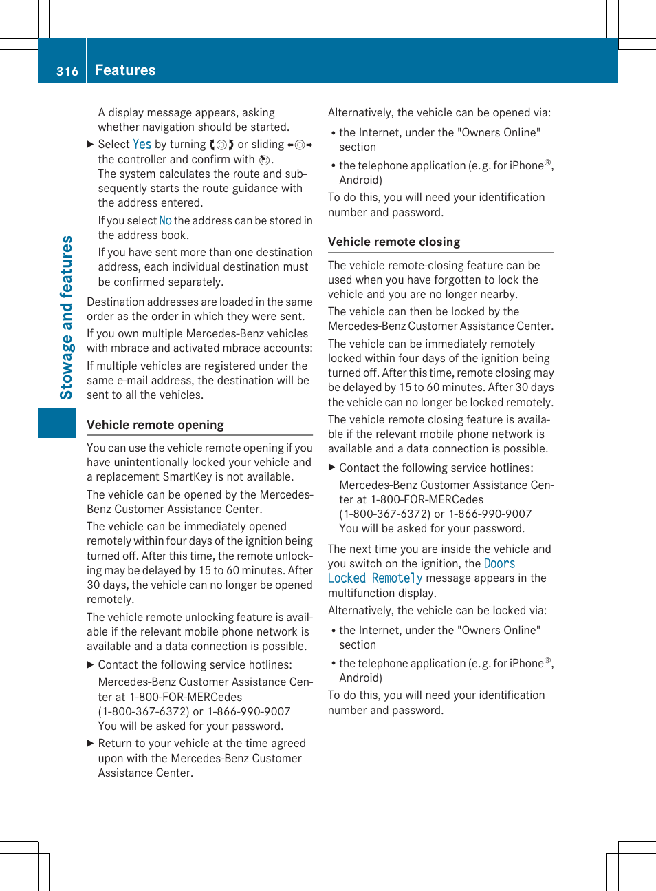 Sto wa ge and fe atures, Features | Mercedes-Benz C-Sedan 2015 Owners Manual User Manual | Page 318 / 406