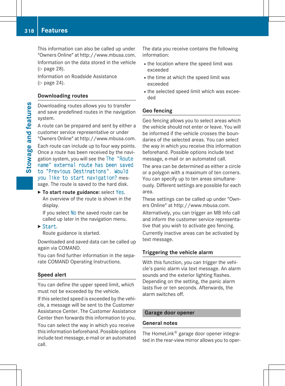 Stowage and features, Features | Mercedes-Benz C-Sedan 2015 Owners Manual User Manual | Page 320 / 406