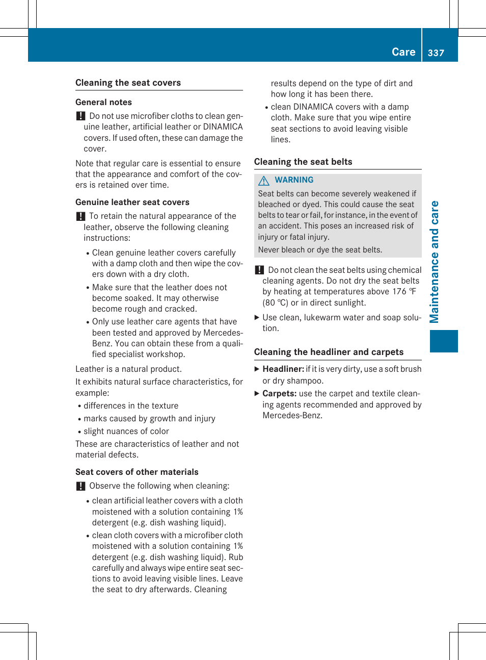 Ma int enance and car e, Care | Mercedes-Benz C-Sedan 2015 Owners Manual User Manual | Page 339 / 406