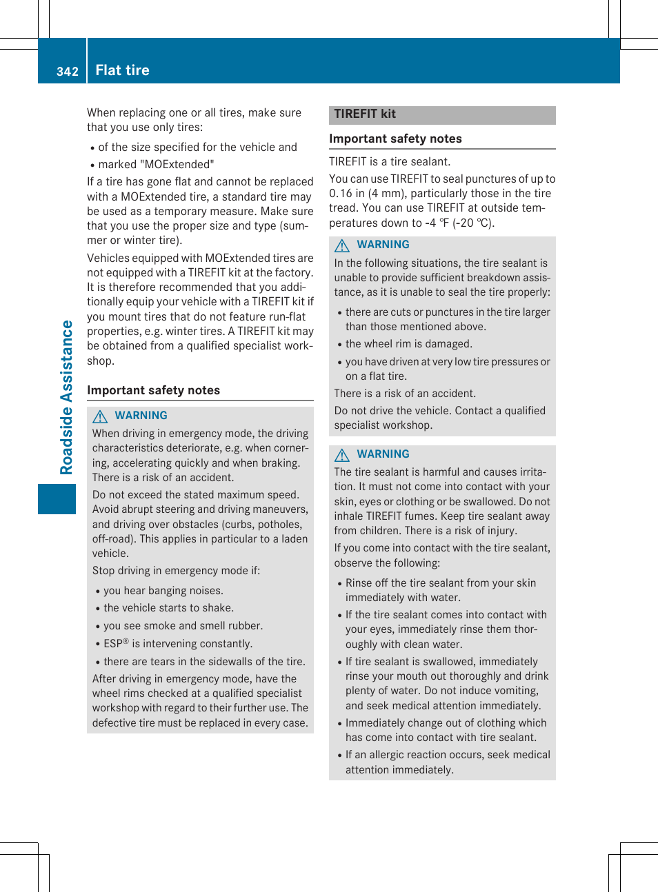 Roadside assistance, Flat tire | Mercedes-Benz C-Sedan 2015 Owners Manual User Manual | Page 344 / 406