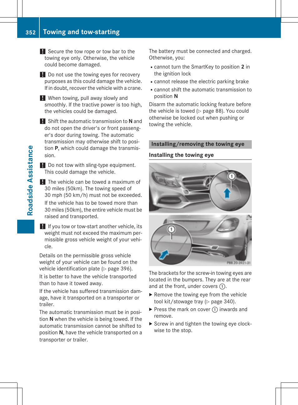 Roadside assistance, Towing and tow-starting | Mercedes-Benz C-Sedan 2015 Owners Manual User Manual | Page 354 / 406