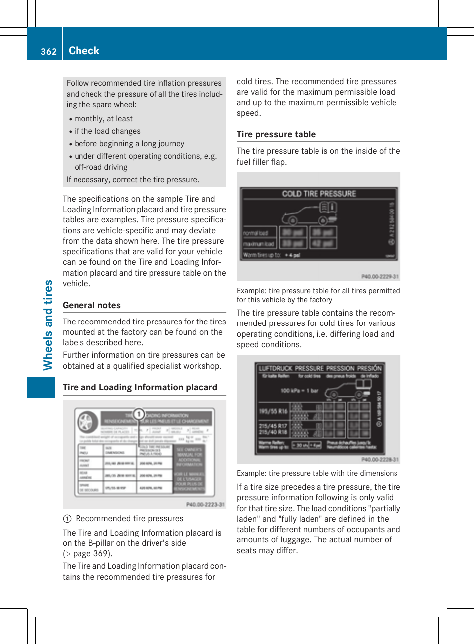 Whee ls and tires, Check | Mercedes-Benz C-Sedan 2015 Owners Manual User Manual | Page 364 / 406