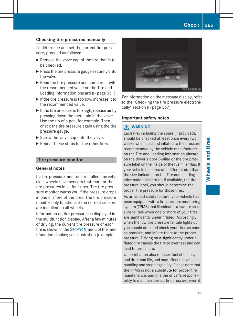 Wh eels and tir es, Check | Mercedes-Benz C-Sedan 2015 Owners Manual User Manual | Page 367 / 406