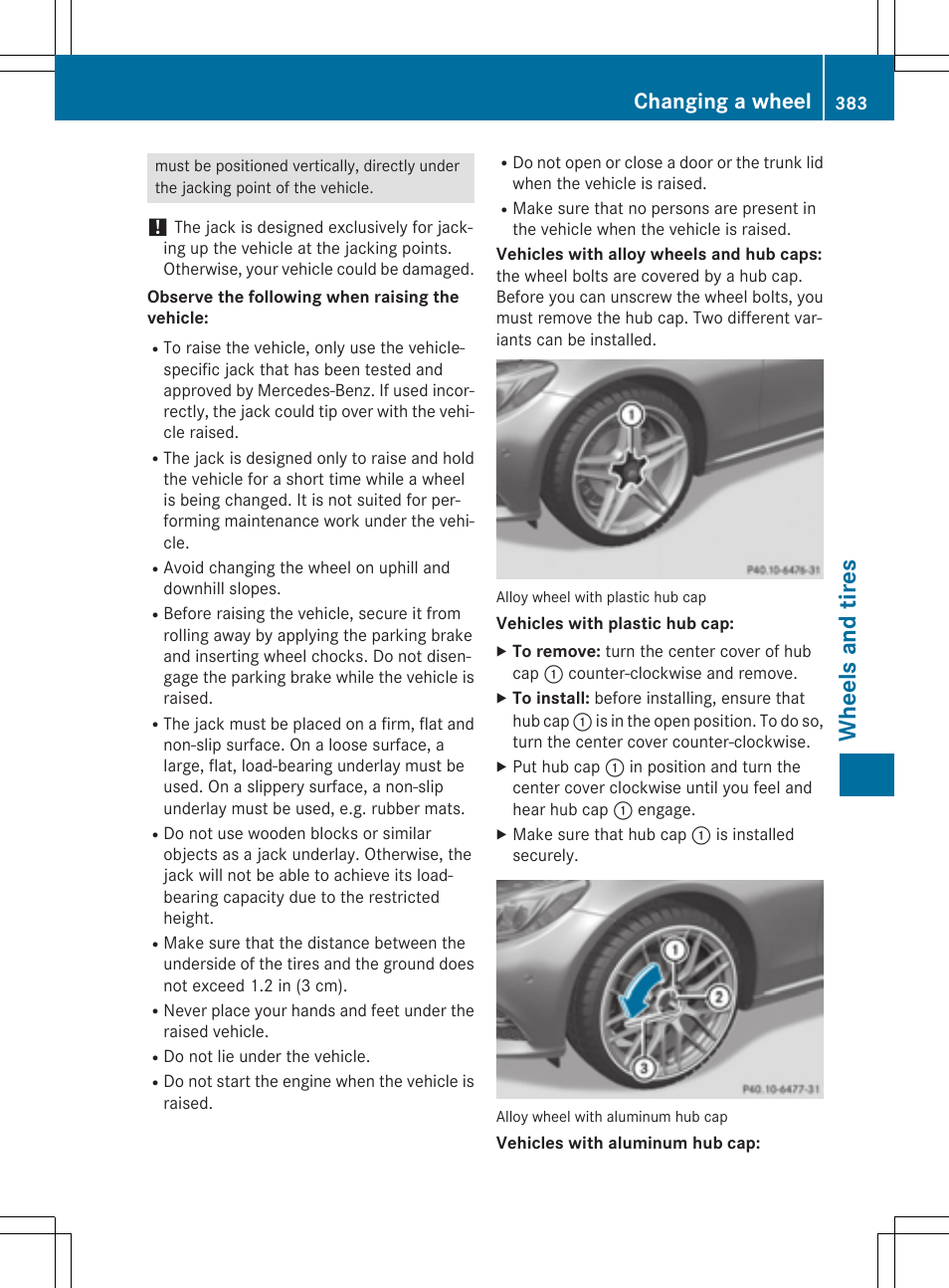 Wheels and tires, Changing a wheel | Mercedes-Benz C-Sedan 2015 Owners Manual User Manual | Page 385 / 406