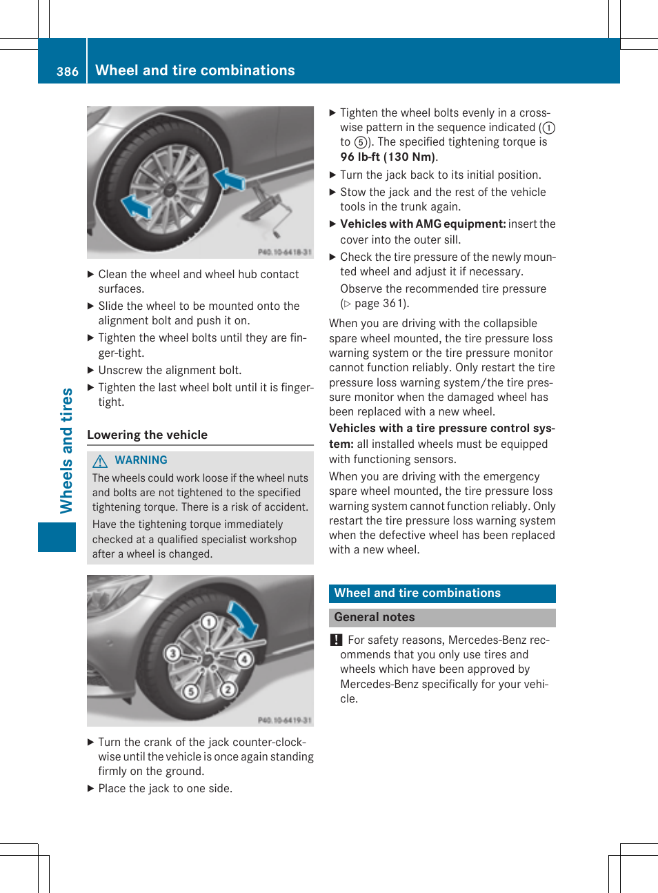 Wh eels and tire s, Wheel and tire combinations | Mercedes-Benz C-Sedan 2015 Owners Manual User Manual | Page 388 / 406