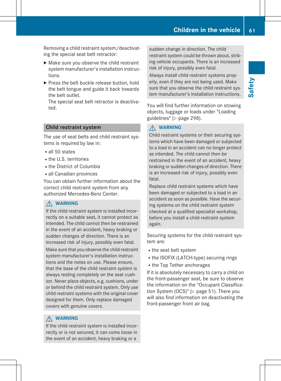 Sa fet y, Children in the vehicle | Mercedes-Benz C-Sedan 2015 Owners Manual User Manual | Page 63 / 406