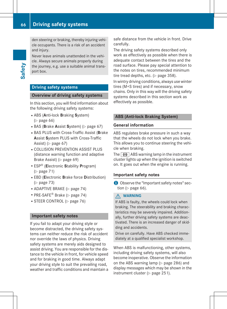 Safet y, Driving safety systems | Mercedes-Benz C-Sedan 2015 Owners Manual User Manual | Page 68 / 406