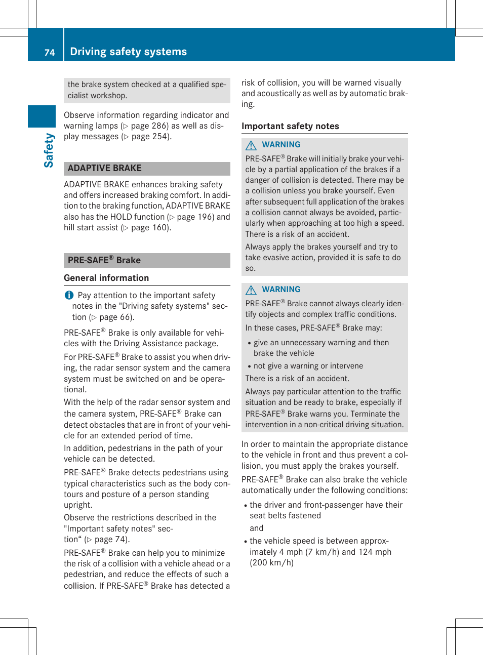 Safe ty, Driving safety systems | Mercedes-Benz C-Sedan 2015 Owners Manual User Manual | Page 76 / 406