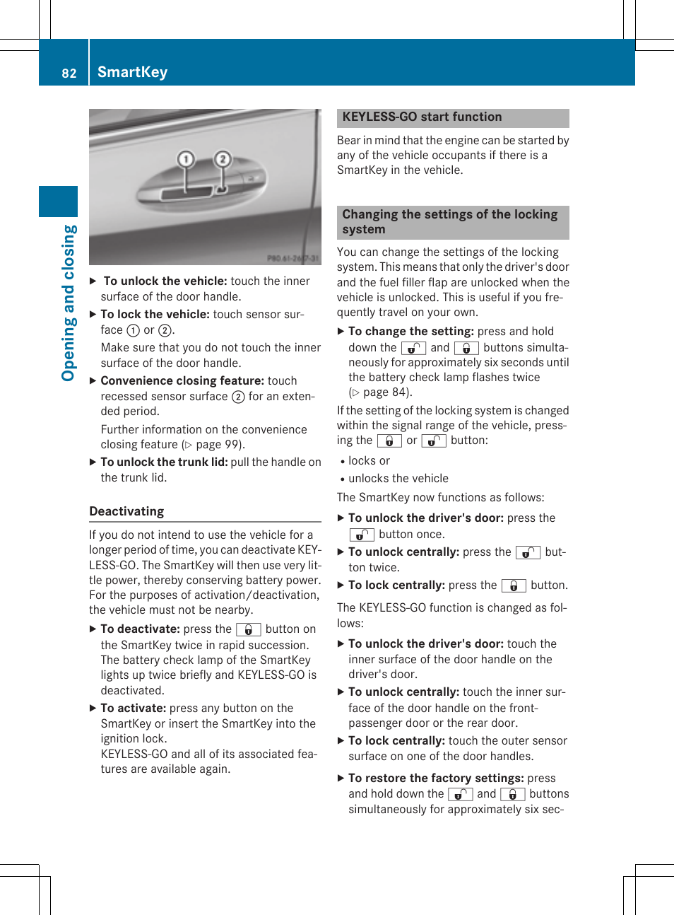 Ope ni ng and cl os in g, Smartkey | Mercedes-Benz C-Sedan 2015 Owners Manual User Manual | Page 84 / 406